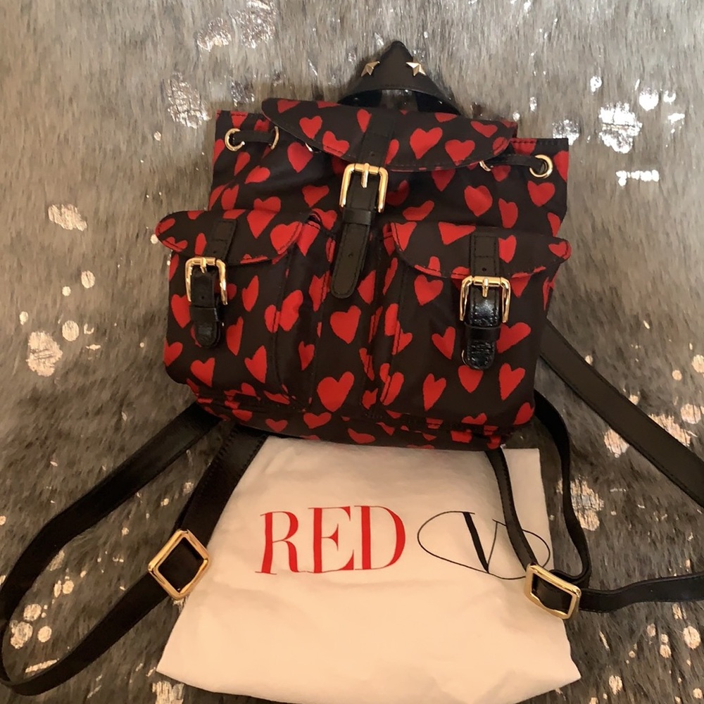 RED Valentino Black Leather Mini Backpack with Red Heart Print - Picture 3 of 14